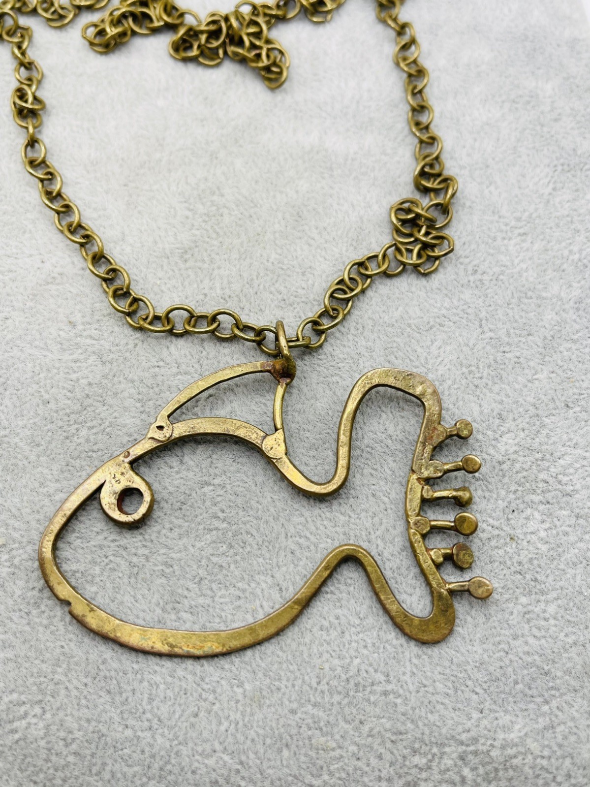 Vintage Large Artisan Brass Fish Pendant Necklace Abstract Modernist Handmade