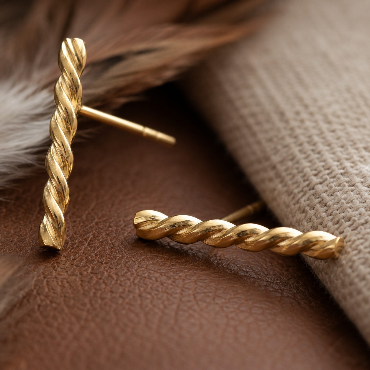 18K Elegant Yellow Gold Twisted Bar Stud Earrings | 925 Sterling Silver Jewelry