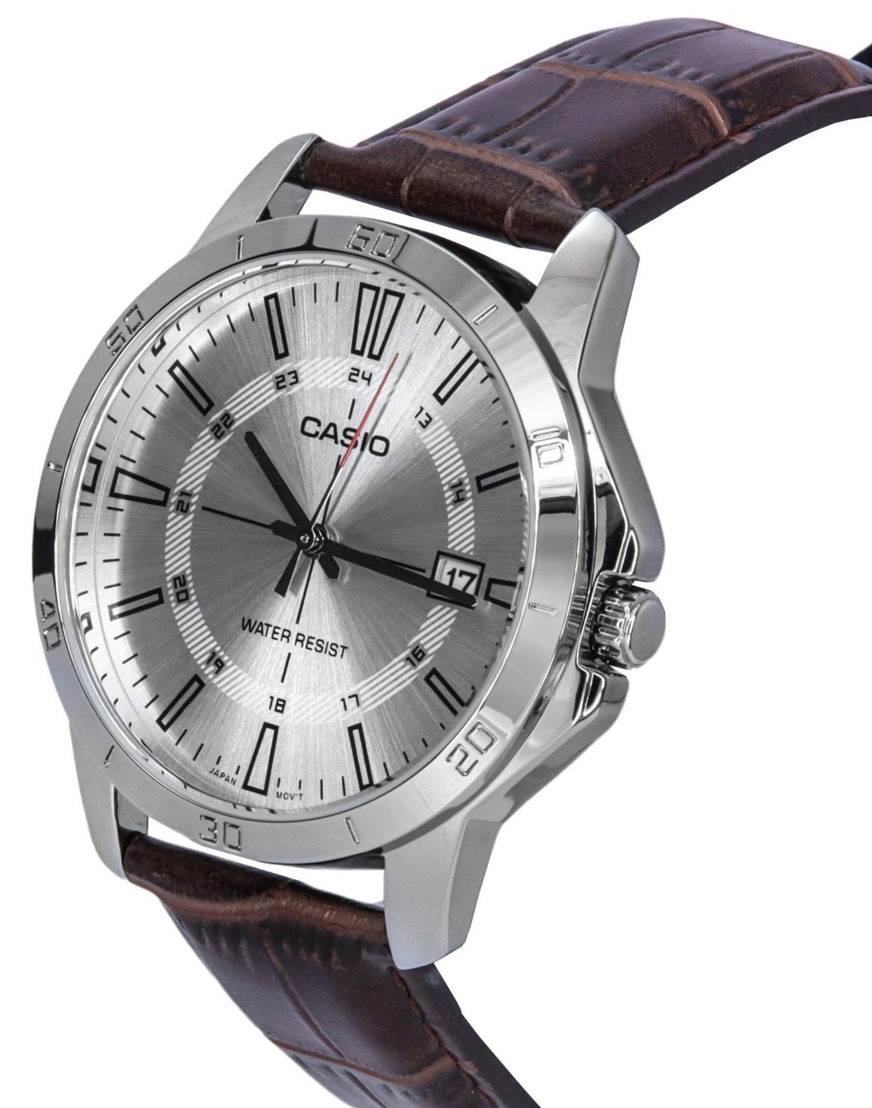 Casio Analog Brown Leather Band Silver Dial MTP-V004L-7C Splash-Proof Mens Watch