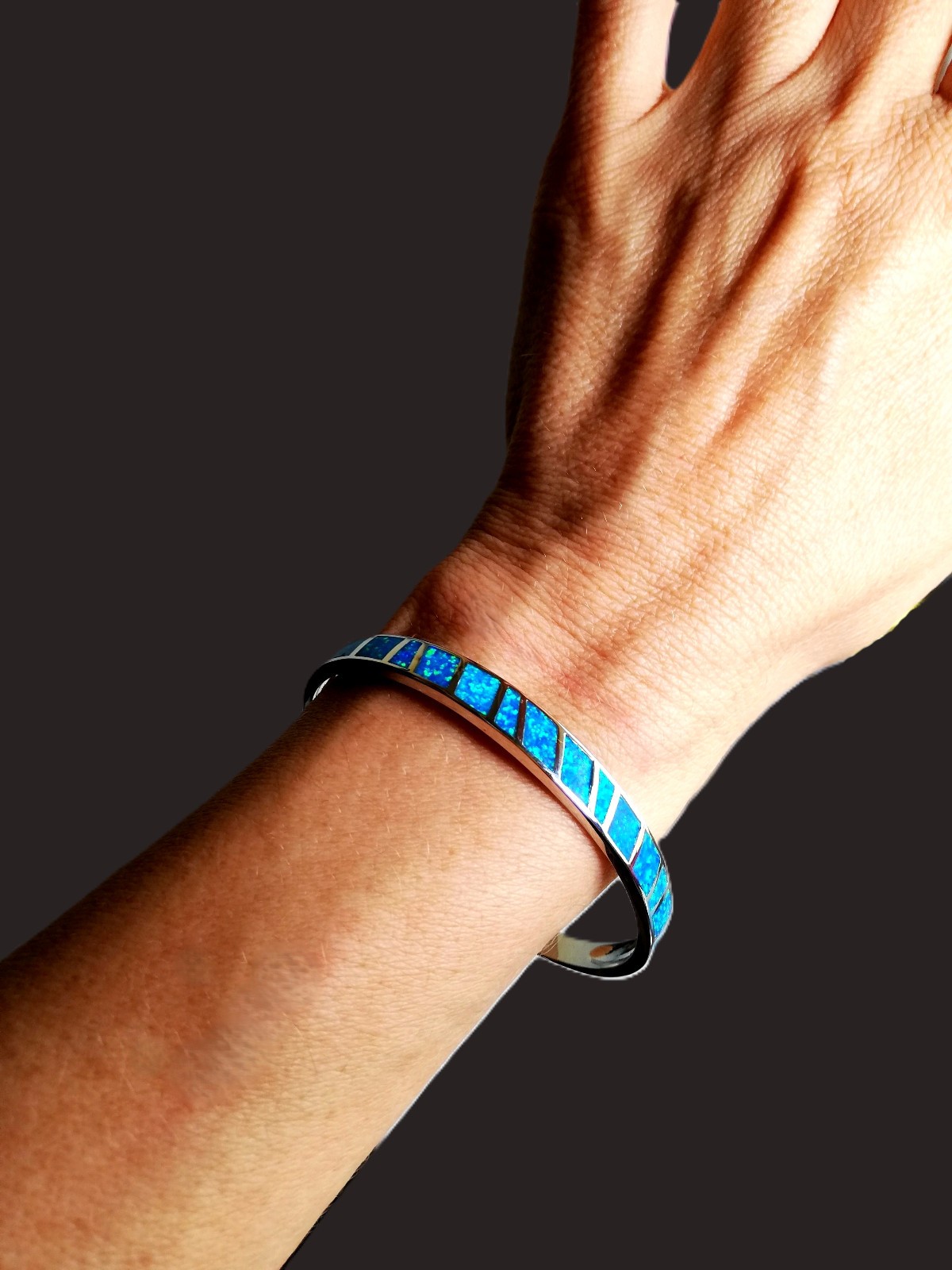 Blue Opal Bracelet Fire Opal Bangle Stainless Steel Silver Bigsam Opal Hoop