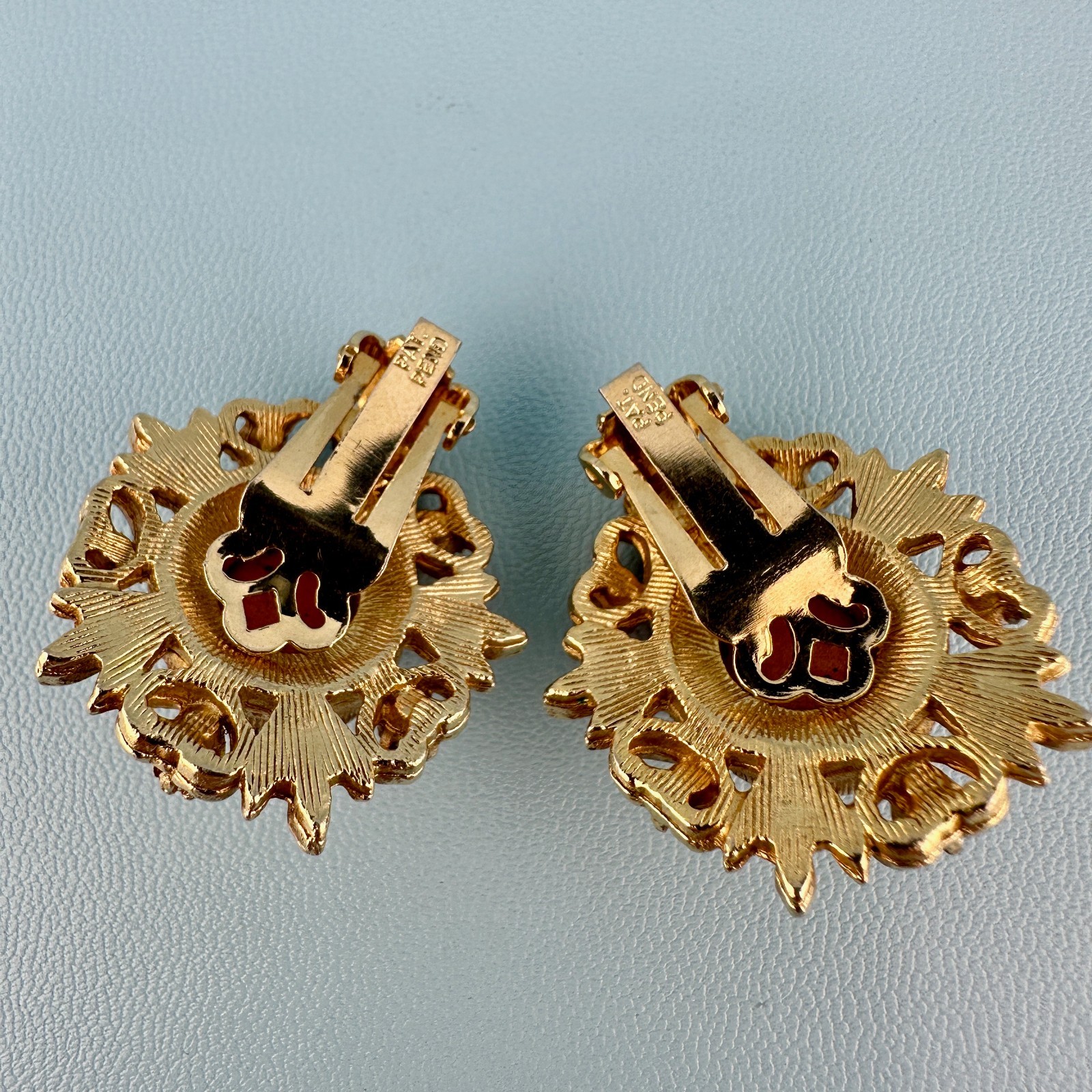 Vintage Clip On Earrings Red Glass Cabochon Gold Tone Faux Pearl Etruscan Rev