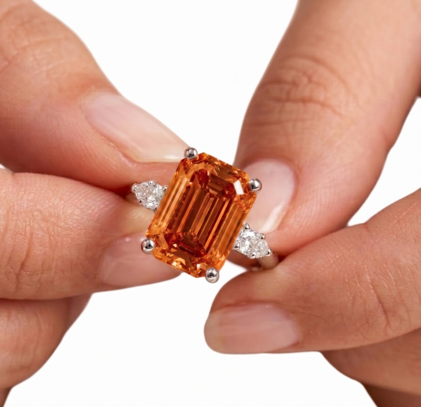 RARE 8.00 Ct Certified Emerald Cut Orange Natural Diamond Ring White Gold Finish