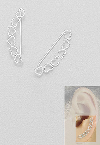 Solid Sterling Silver Sweet Hearts Ear Cuff CRAWLER Climber Hook Earrings 1″