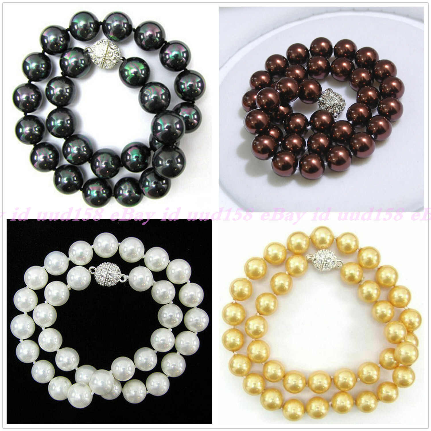 8/10/ 12mm South Sea Shell Pearl Round Gems Beads Necklace 18″ AAA Magnet Clasp