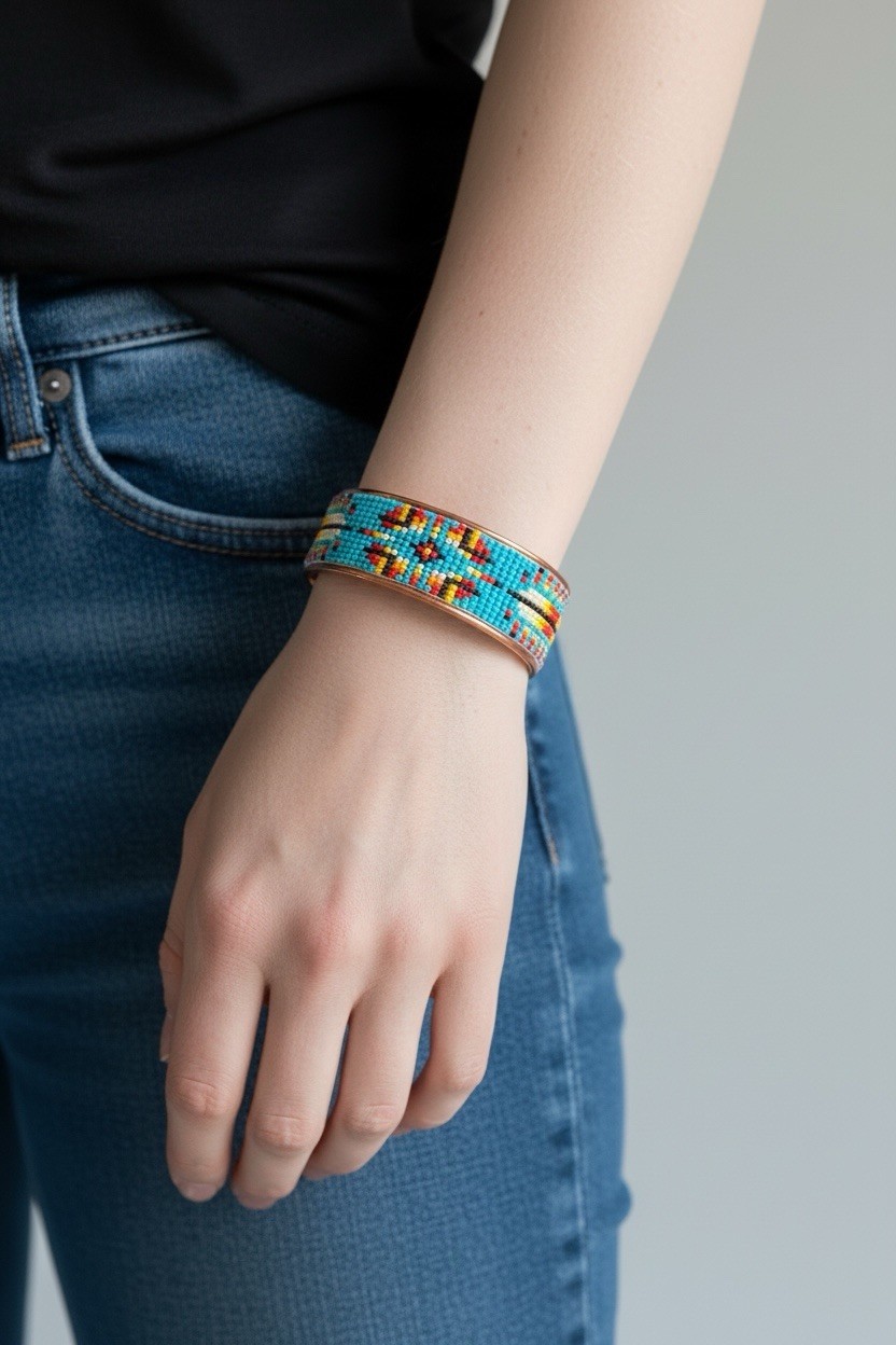 NEW Southwestern Boho Statement Turquoise Seed Beaded Copper Cuff Bracelet 7.5”