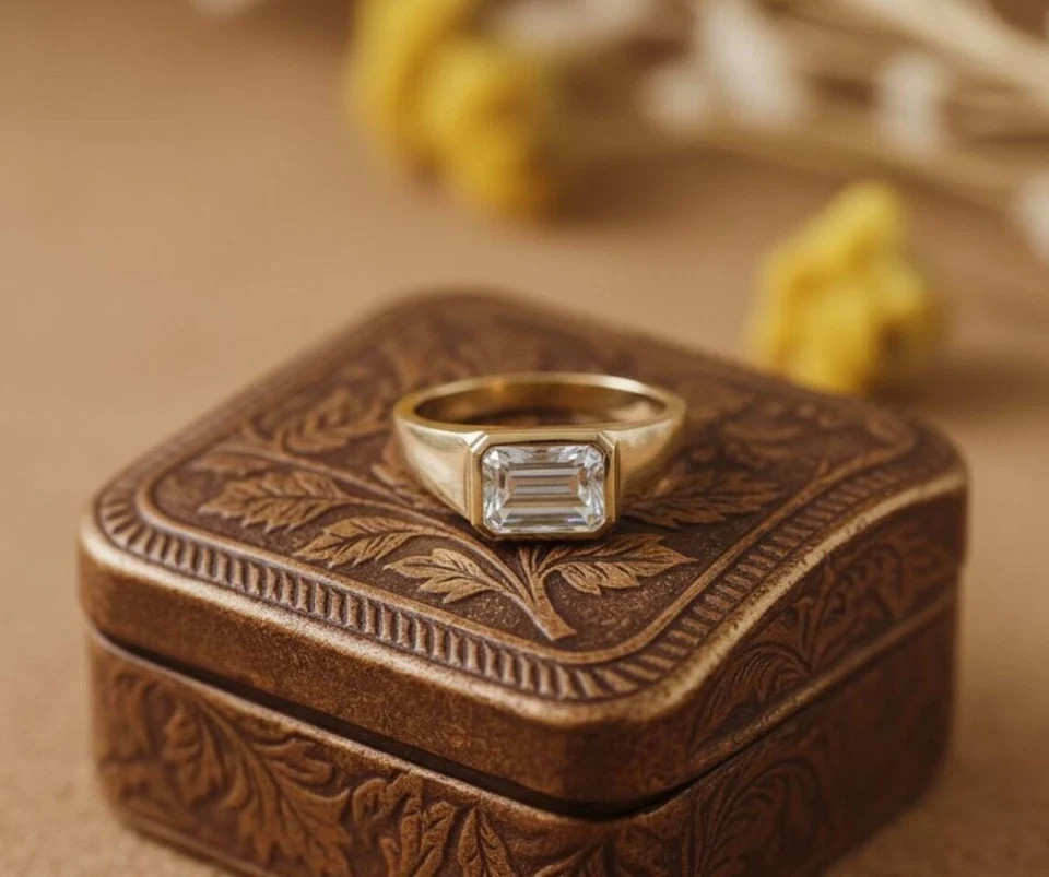 2Ct Emerald-Cut Moissanite Bezel Men’s Engagement Ring 14K Yellow Gold Plated