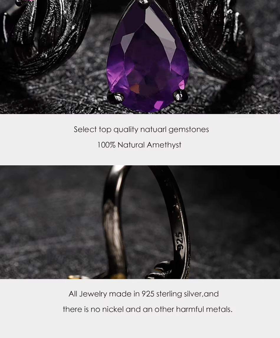 1.43Ct Natural Pear Amethyst Gemstone Handmade Bird Feather 925 Silver Ring