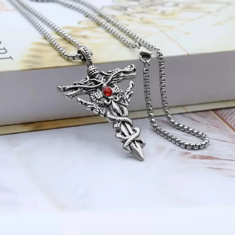 Punk Fashion Titanium Steel Necklace for Men Alloy Double Dragon Sword Pendant C