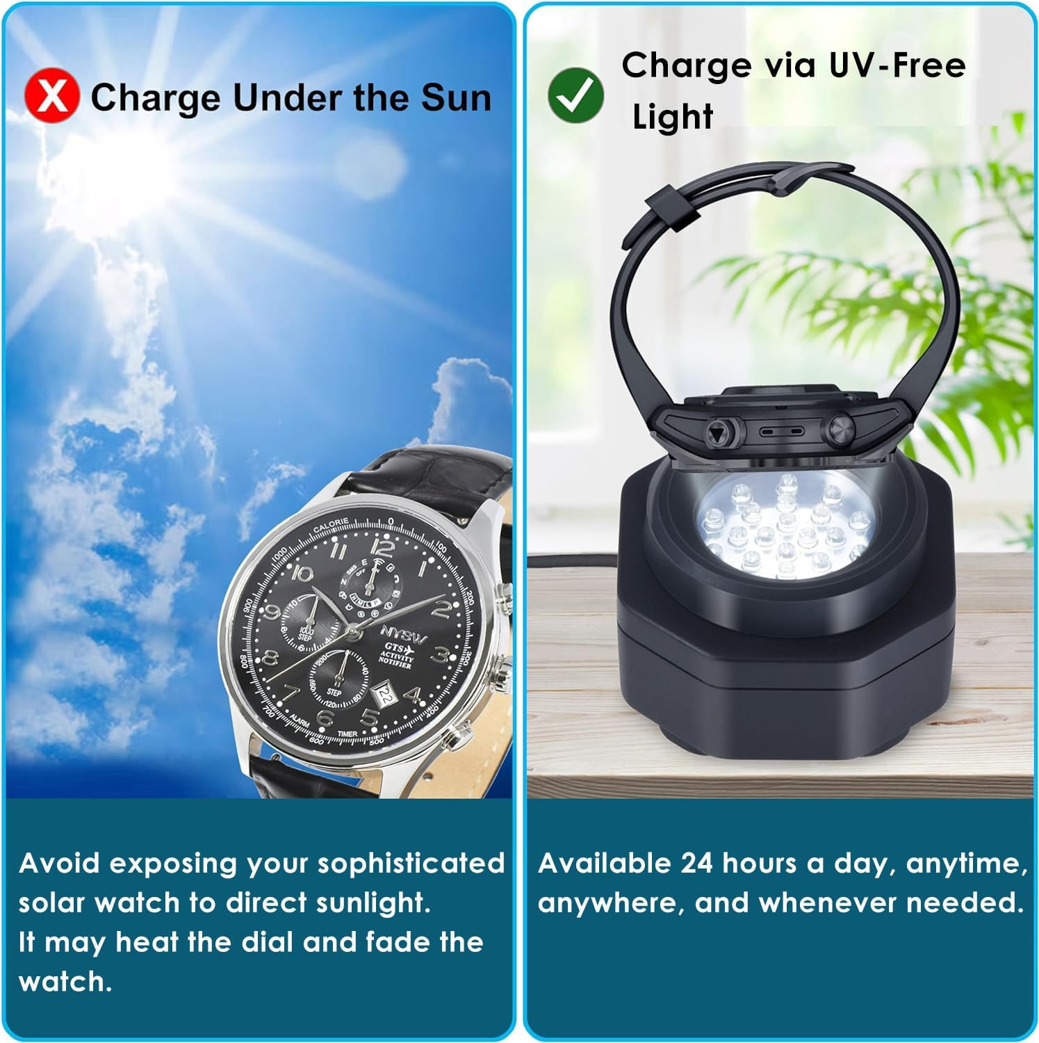 – UV Free Solar Watch Fast Charger for All Eco Solar Watches for Men, No 8H Time