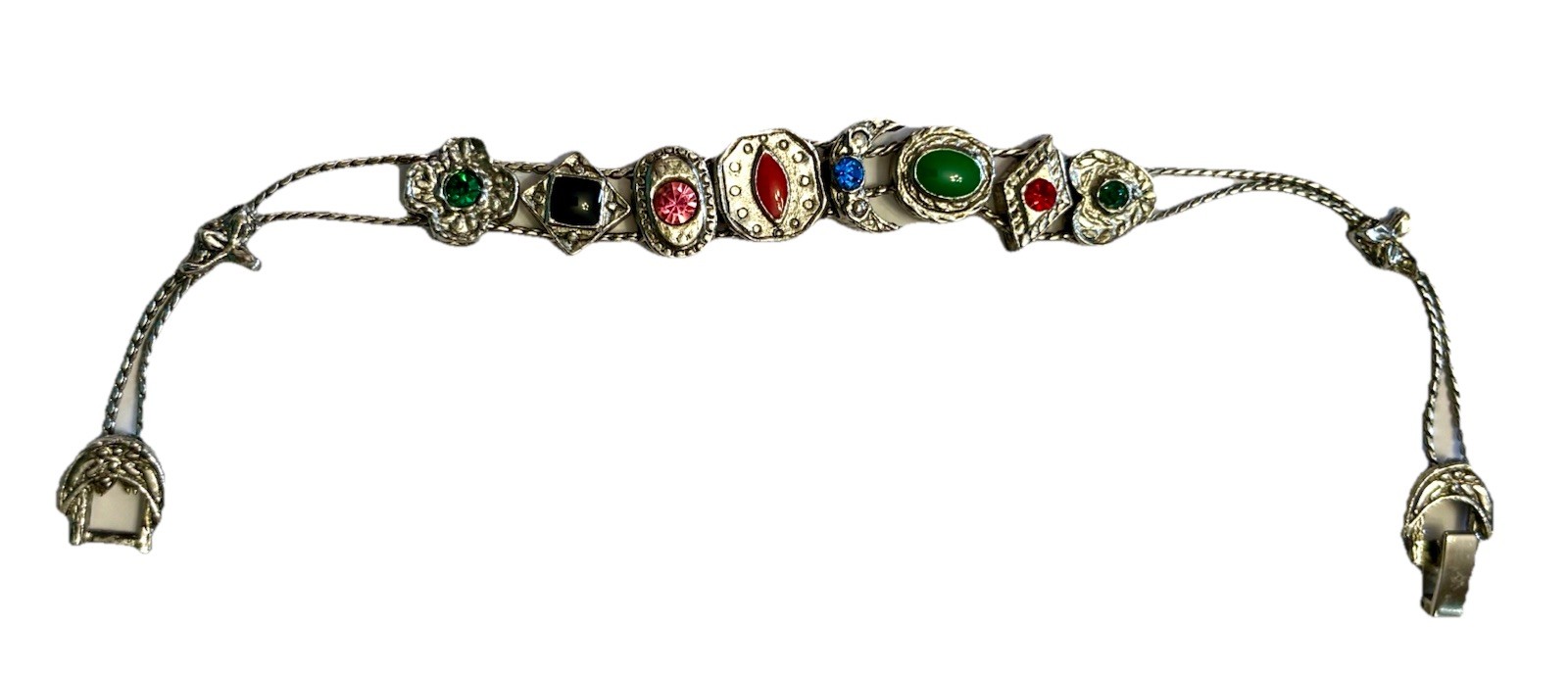 VTG Victorian Revival Slider Charm Bracelet Silvertone Rhinestones Enamel 7 1/4″