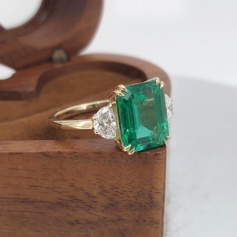 5.40Ct Emerald Cut Natural Emerald Diamond 14K Yellow Gold Wedding Ring Size 7 8