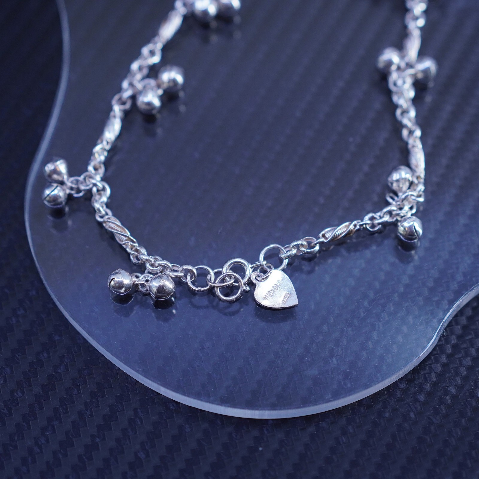 9” sterling silver 925 flatten chain belly dancer anklet with bell chime charms