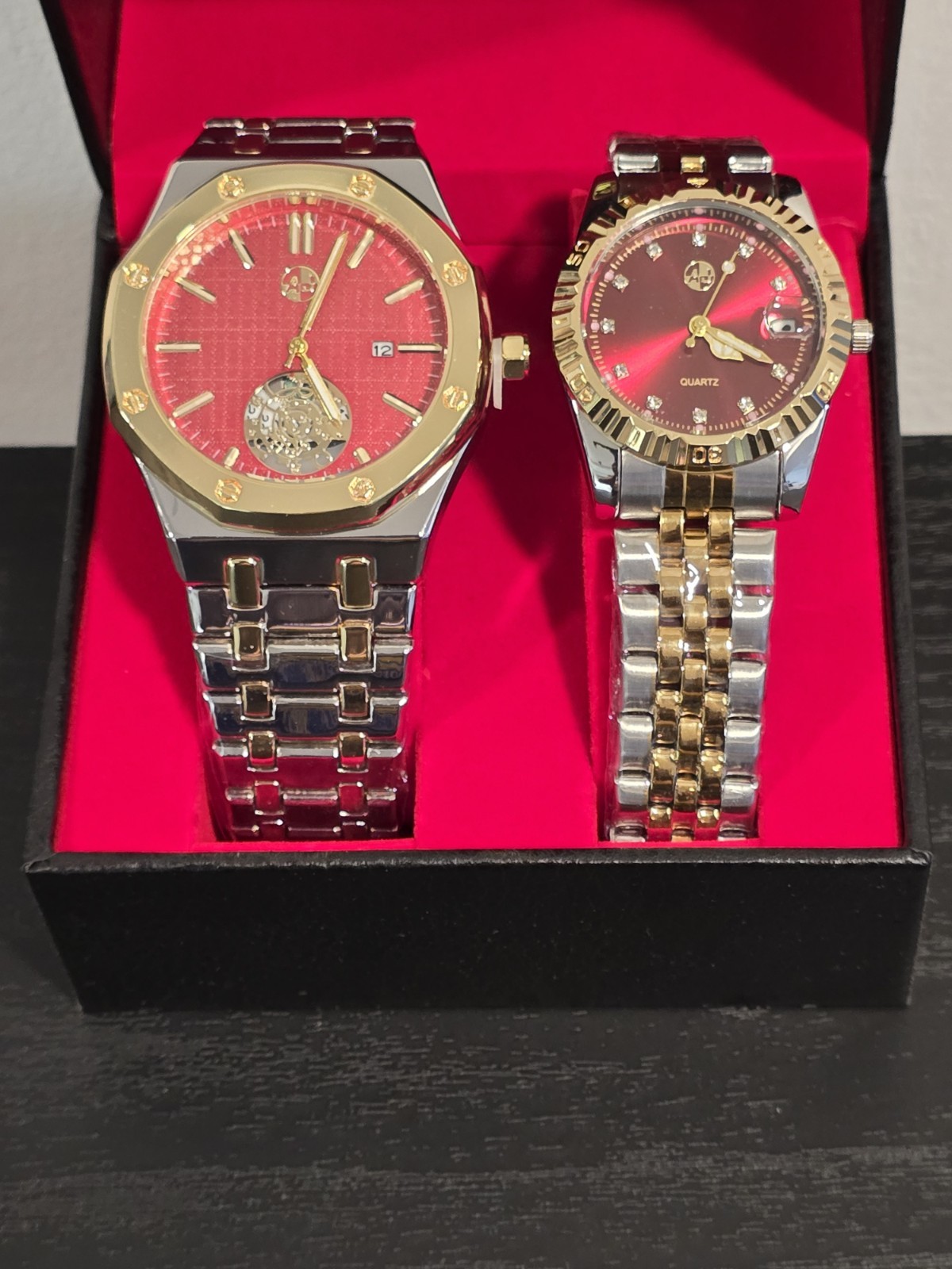 ​His and Hers Luxury Watch Matching Set Two-Tone Gold Silver Red Dial Gift Boxed