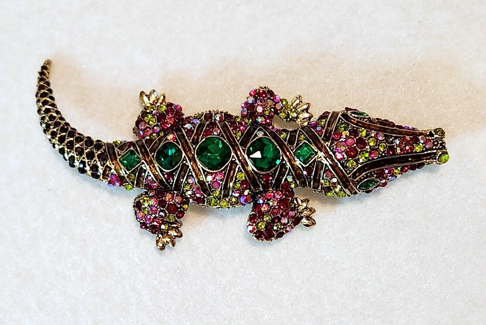Giant & BEAUTIFUL RHINESTONE & ENAMEL Alligator /Crocodile BROOCH PIN 5.5″ x 2″