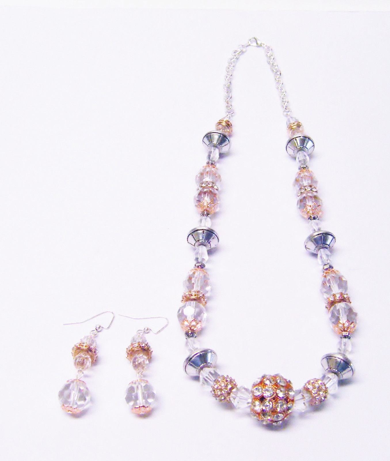Rose Gold/Clear Glass/Silver Plated Beaded Necklace/Earrings Set