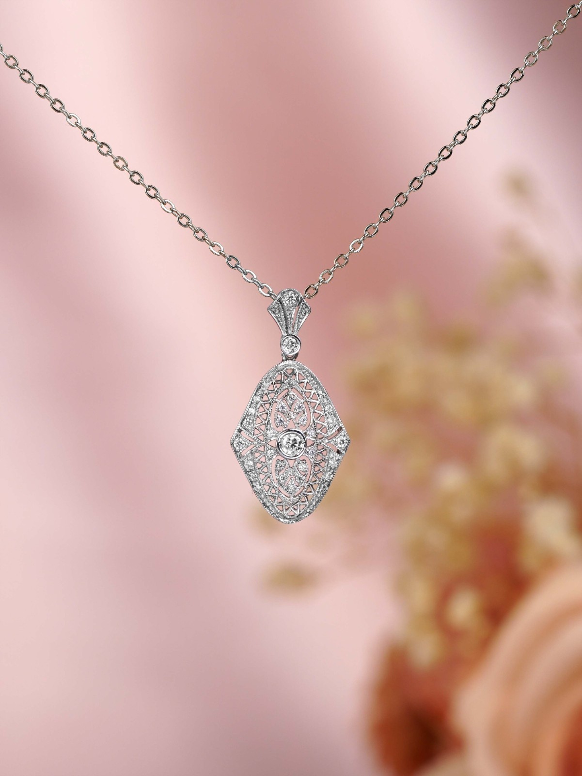 White Gold Diamond Filigree Pendant Antique Inspired Edwardian Style Necklace