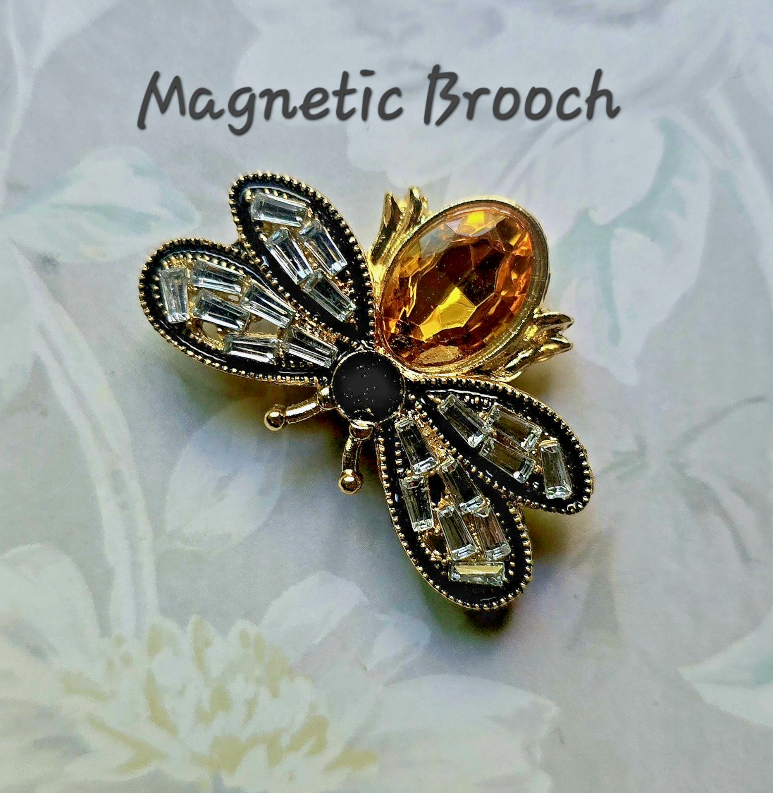 Yellow crystal Honey Bee MAGNETIC brooch pin. Honey Bee jewelry. Pin-free Clasp