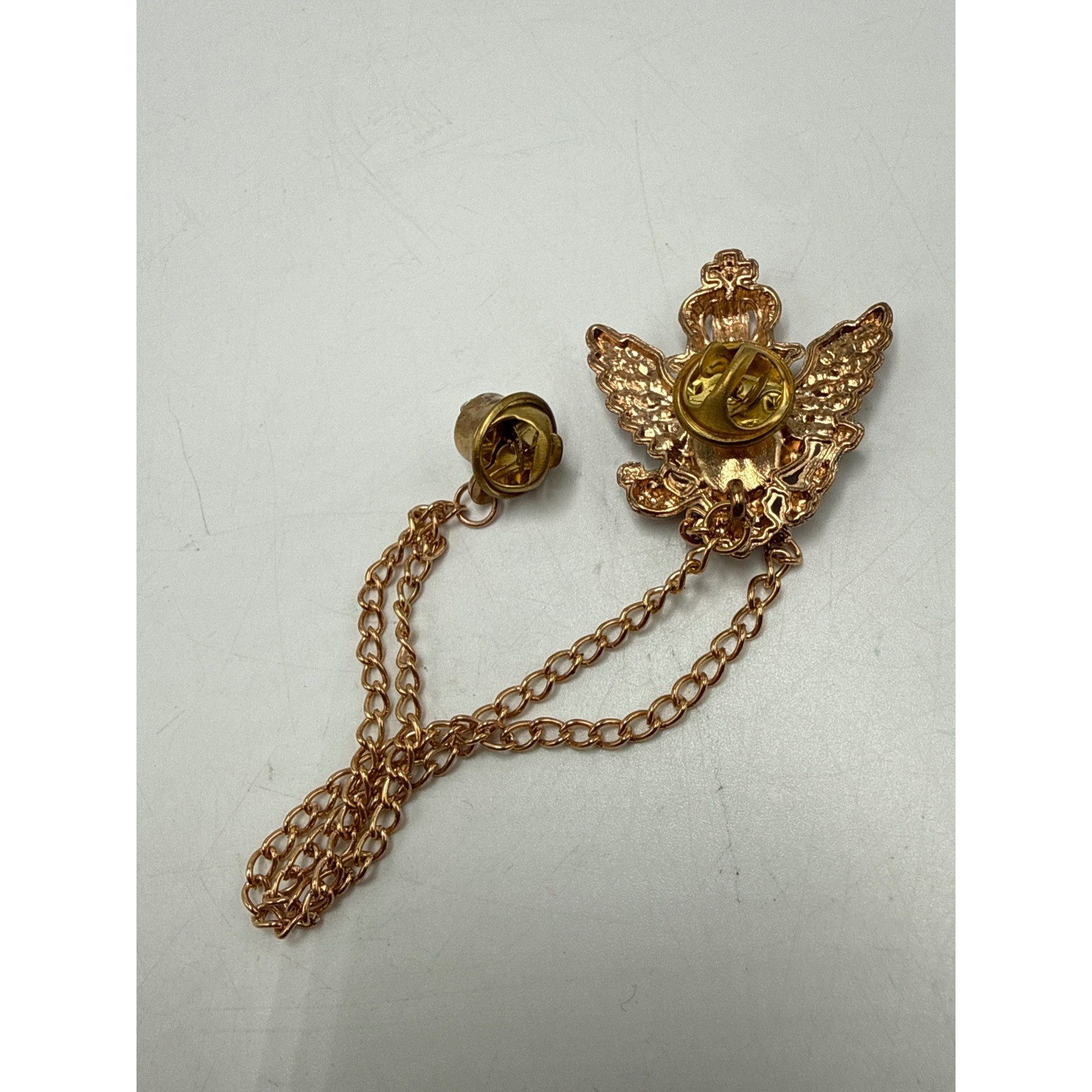 Gold Tone Double Headed Eagle Crown Lapel Pin Blue Stone Rhinestone Chain Brooch