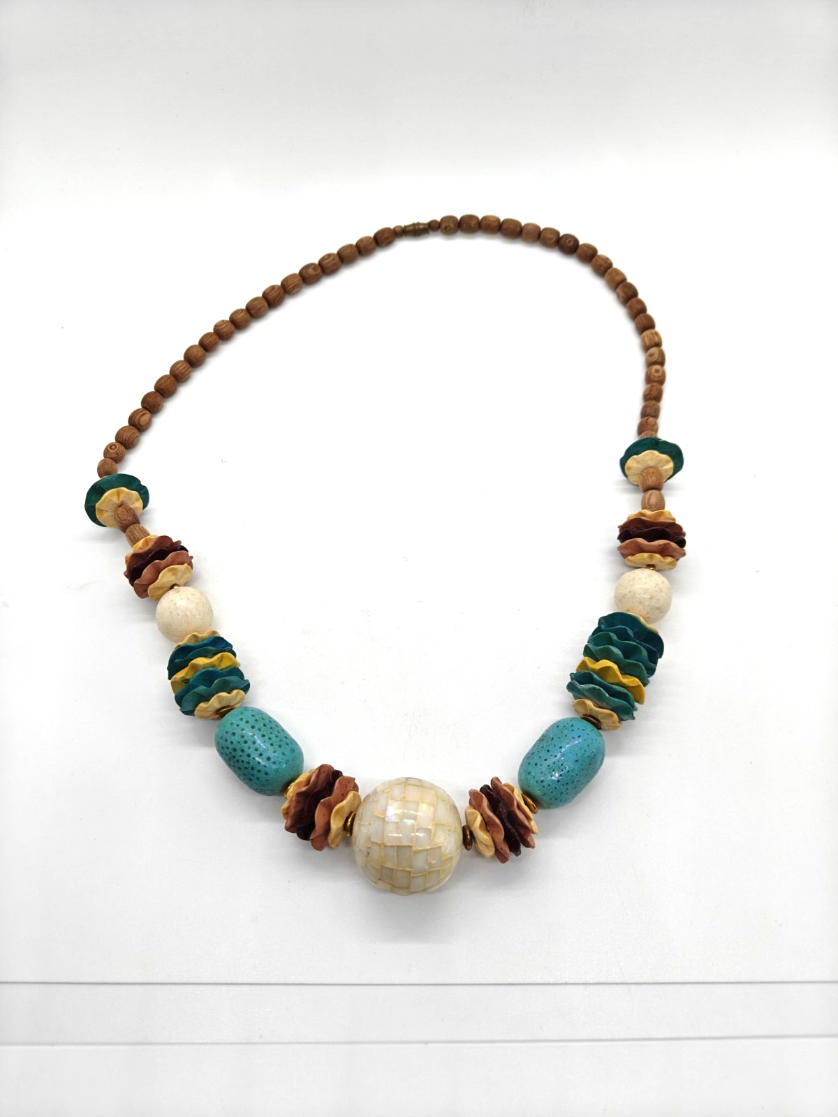 Wooden Boho Necklace Mother Of Pearl Bead Blue Yellow Pink Brown Colorful