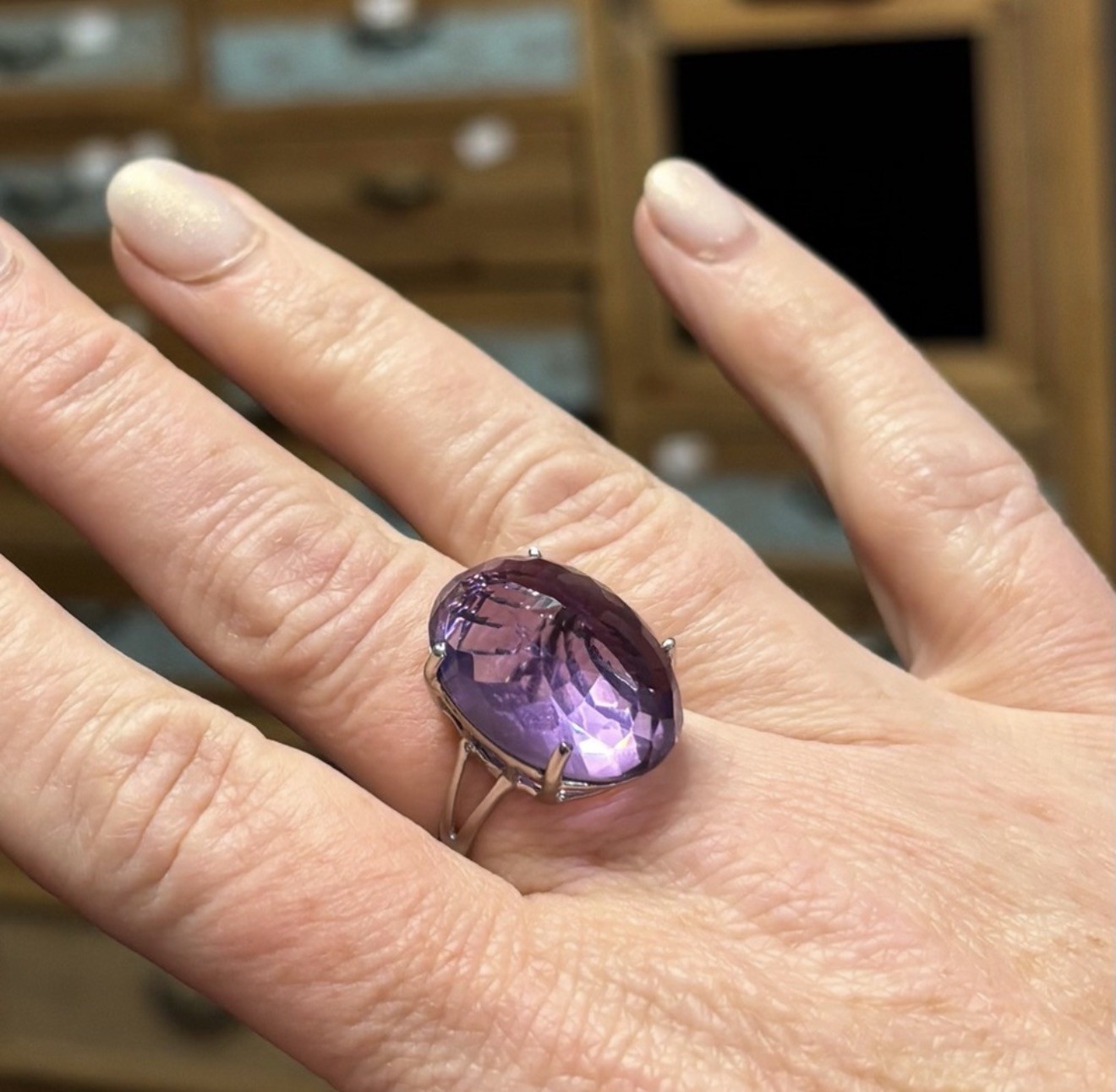 RARE! 30CT Natural Amethyst Reverse setting 925 Sterling Silver Ring Size 9