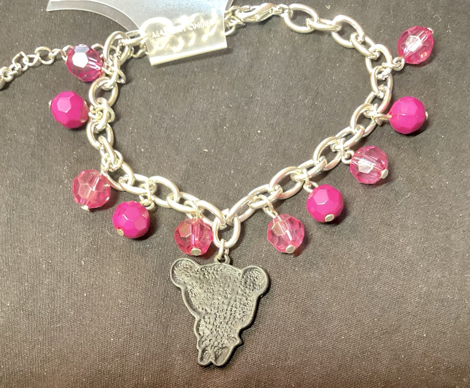 Pucca Anime Charm Bracelet Silver Tone Pink Faceted Beads Adjustable NEW Kawaii