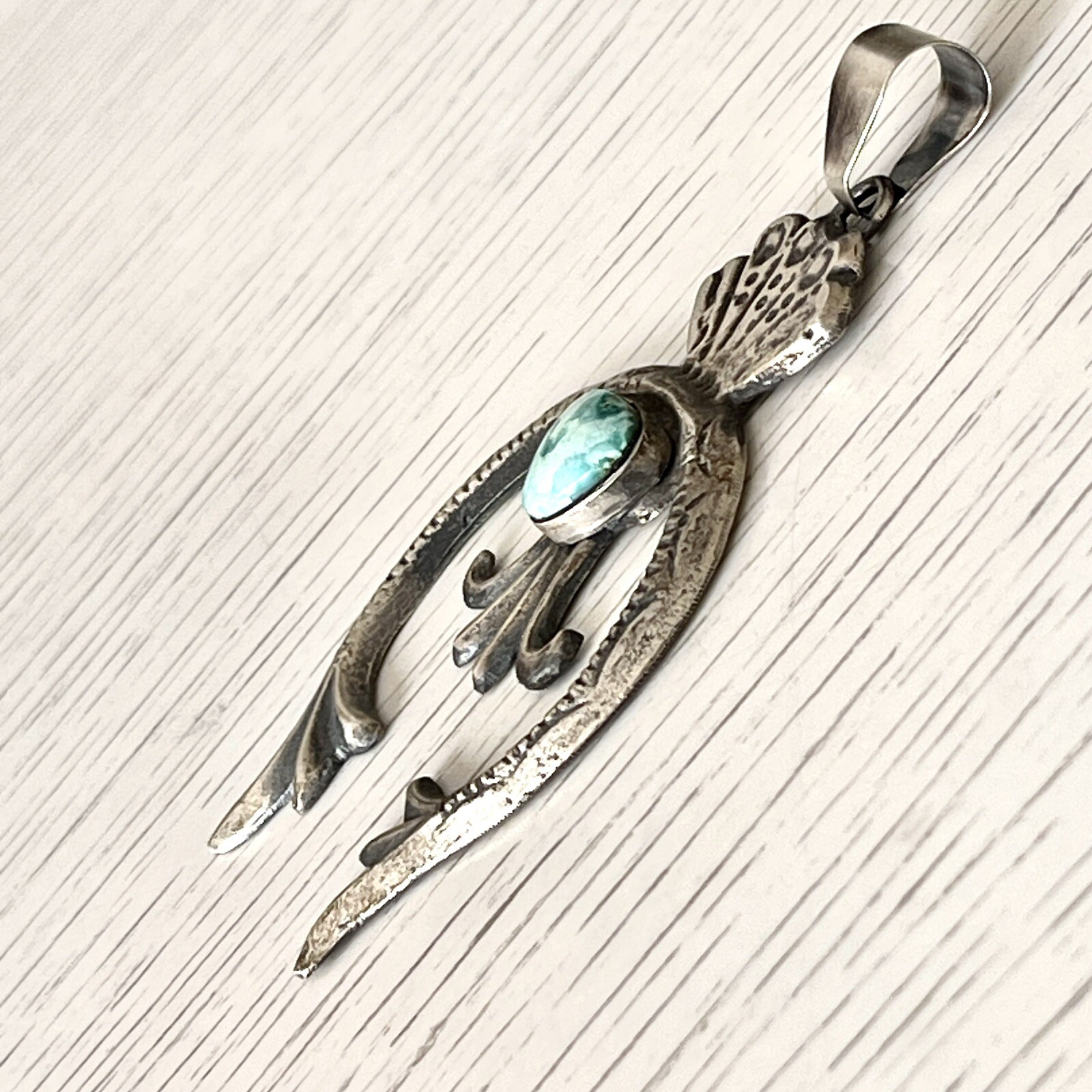 BIG Navajo Naja Pendant Turquoise 3.75in Squash Blossom Signed 925 Matte