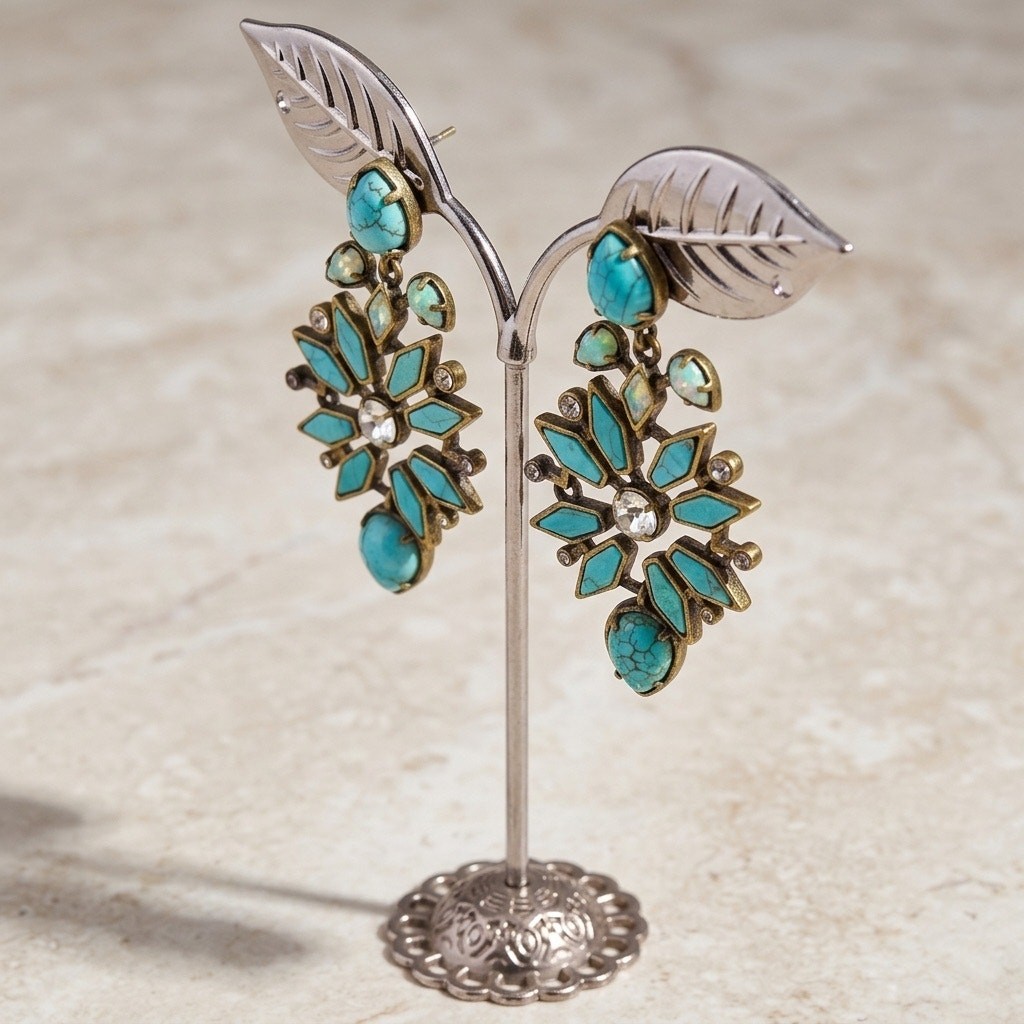 Kendra Scott Antique Brass Turquoise and Crystal Geometric Statement Earrings