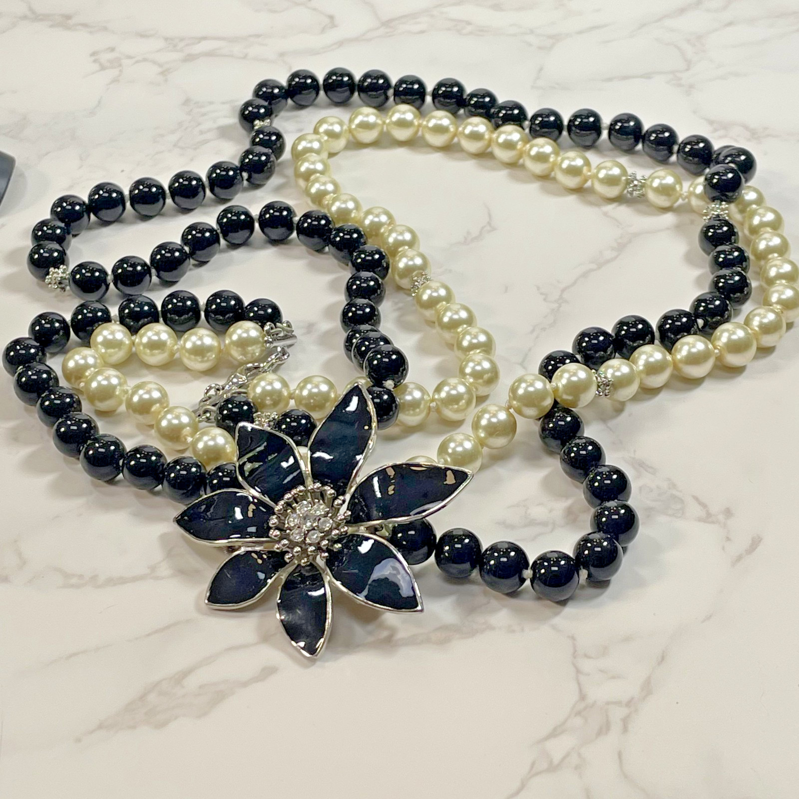 Stunning Talbots Signed Black Enamel Rhinestone Flower Two Strand Bead Necklace