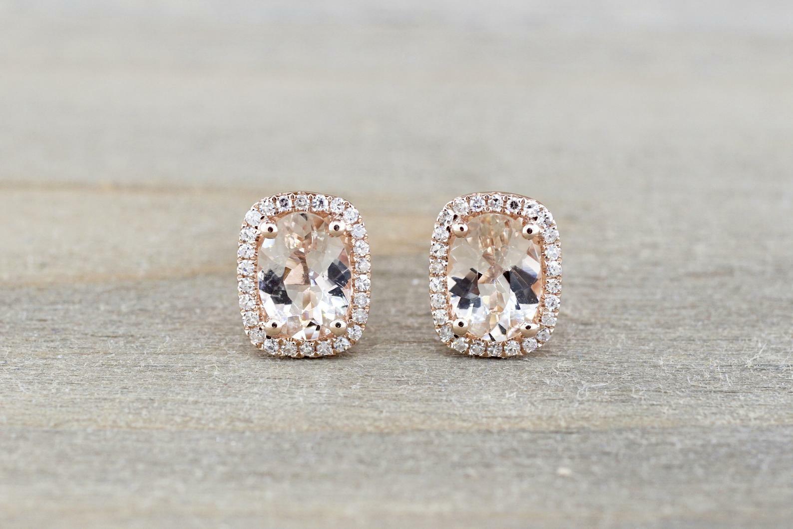 1.7ct Lab-Created Peach Morganite Moissanite Halo Earring 14k Rose Gold Plated