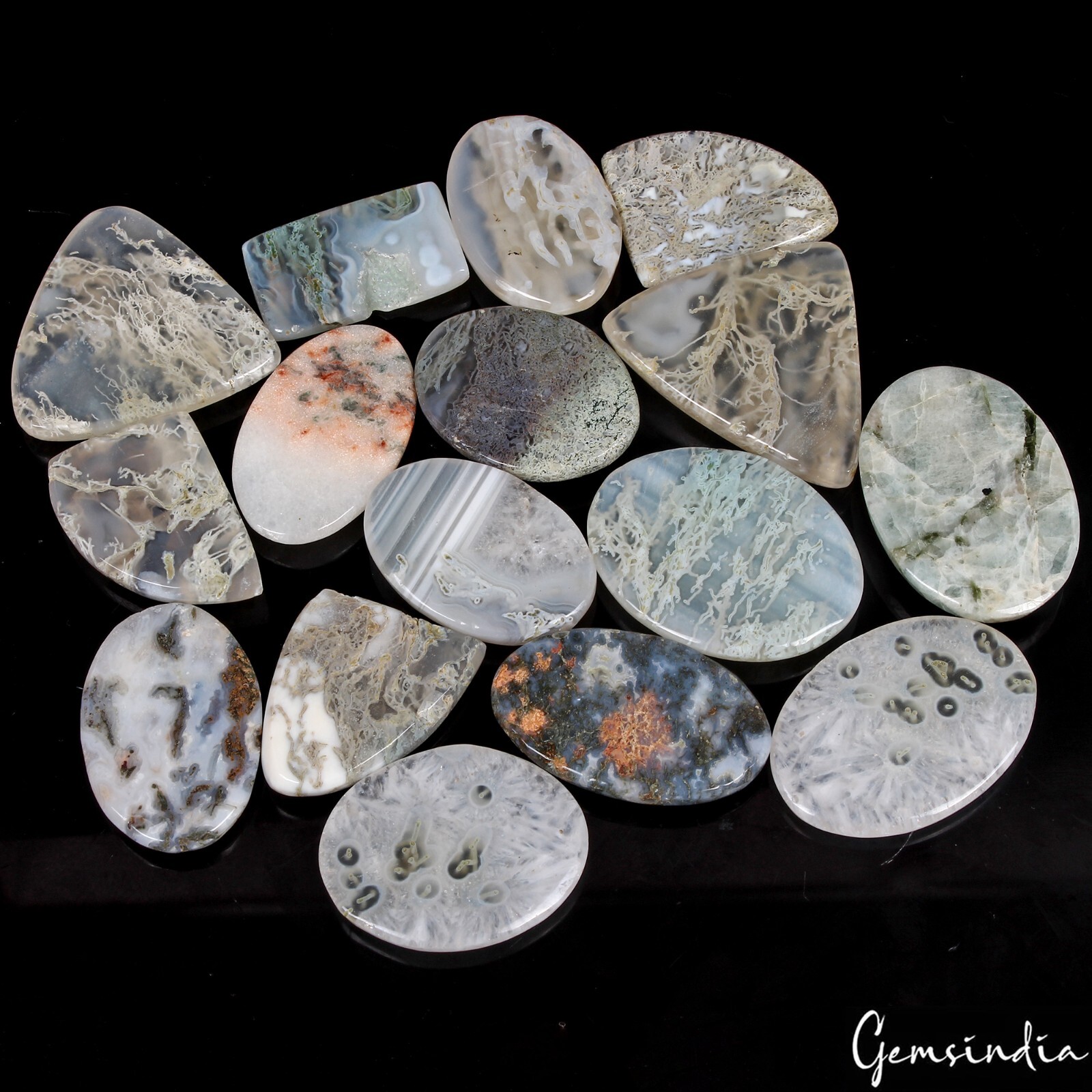 760 Cts/16 Pcs Natural Untreated Moss Agate Mix Cab Wholesale Loose 31-40mm Gems