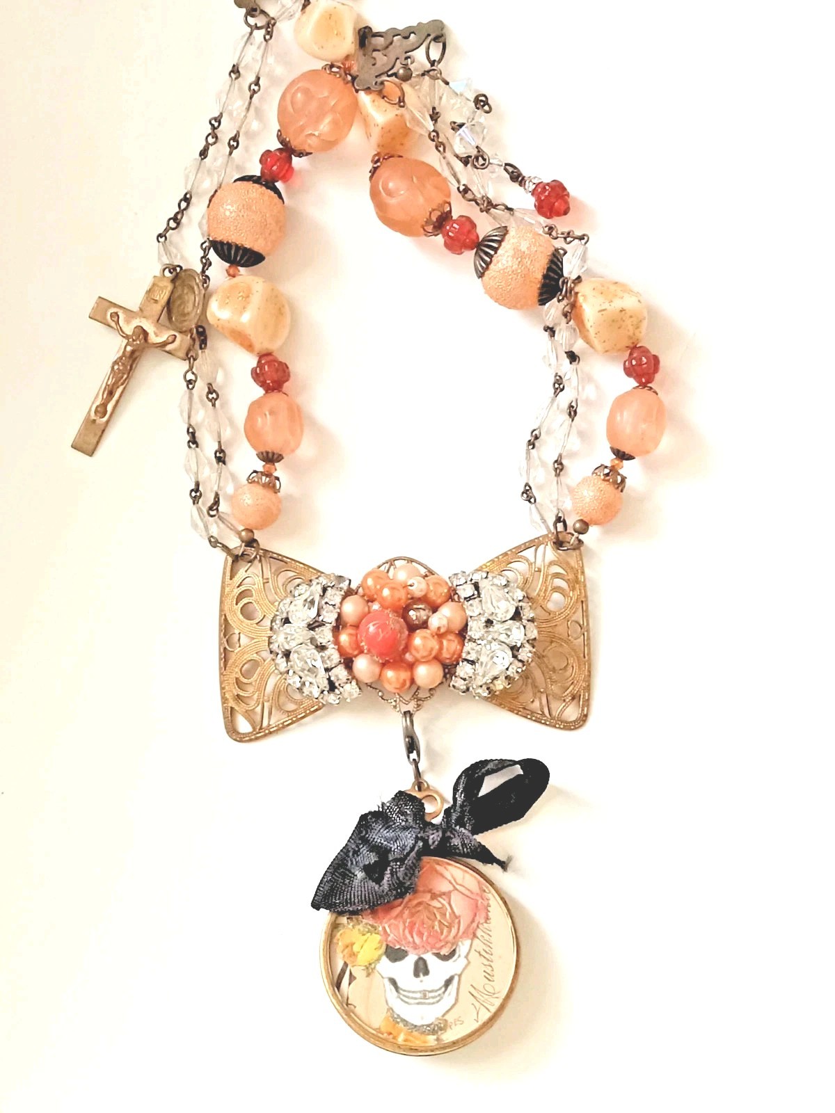 Assemblage Halloween Goth Dead Skull Rosary Bead Cross Detach Pendant Necklace