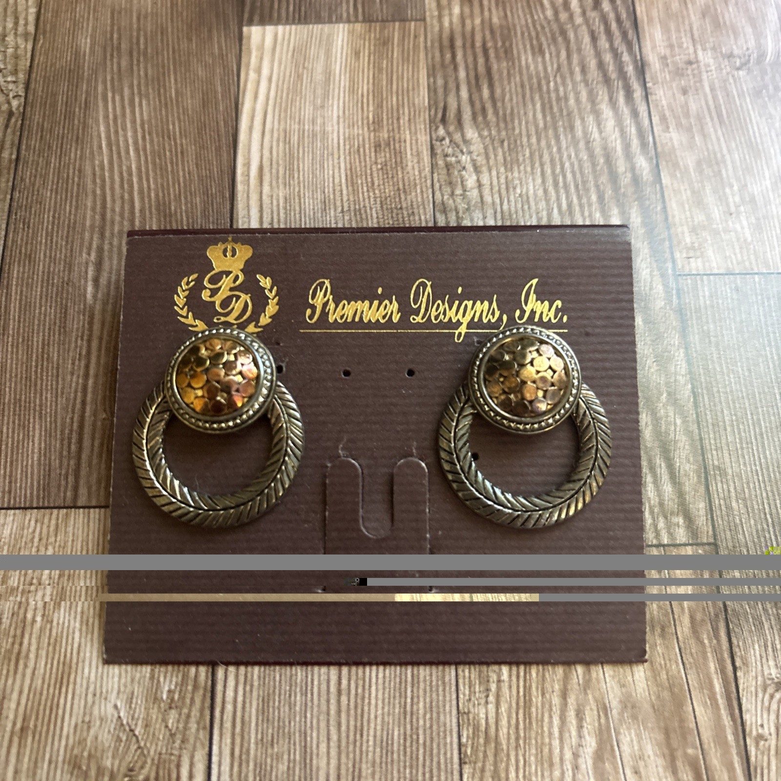 Vintage Premier Designs, Bronze Tone Door Knocker Hoop Earrings New on Card