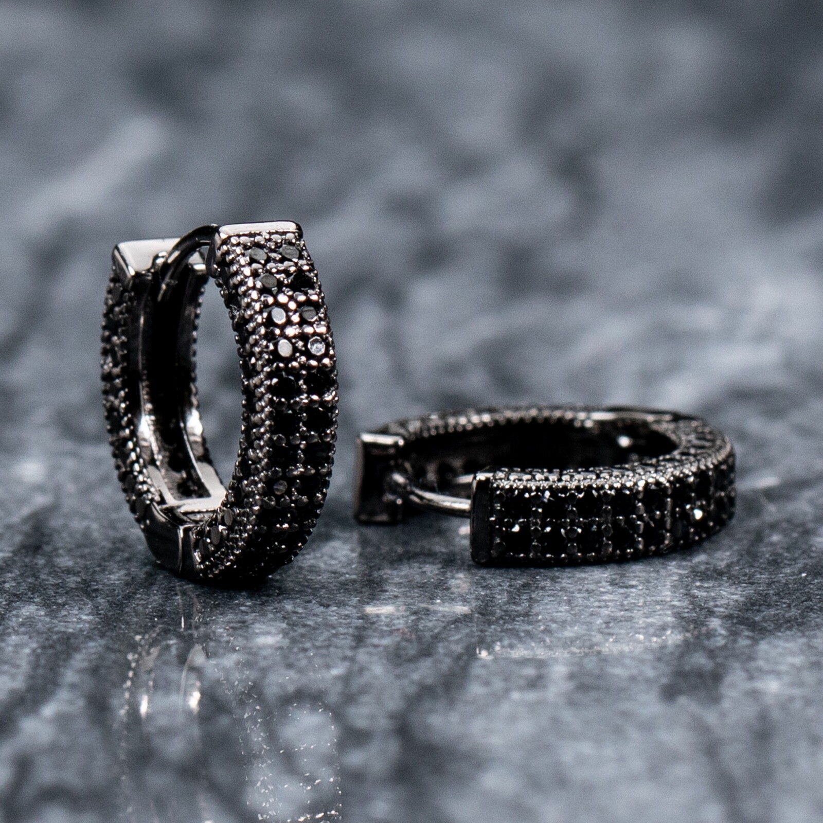 Black Plated Mens Sterling Silver Fully Iced Black Onyx Cz Hoop Earrings