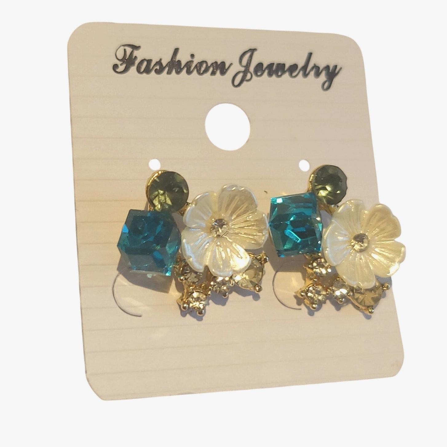 Flower Earring Teal Square Dark Green Rhinestone Jewelry Elegant Stud Gift Bag