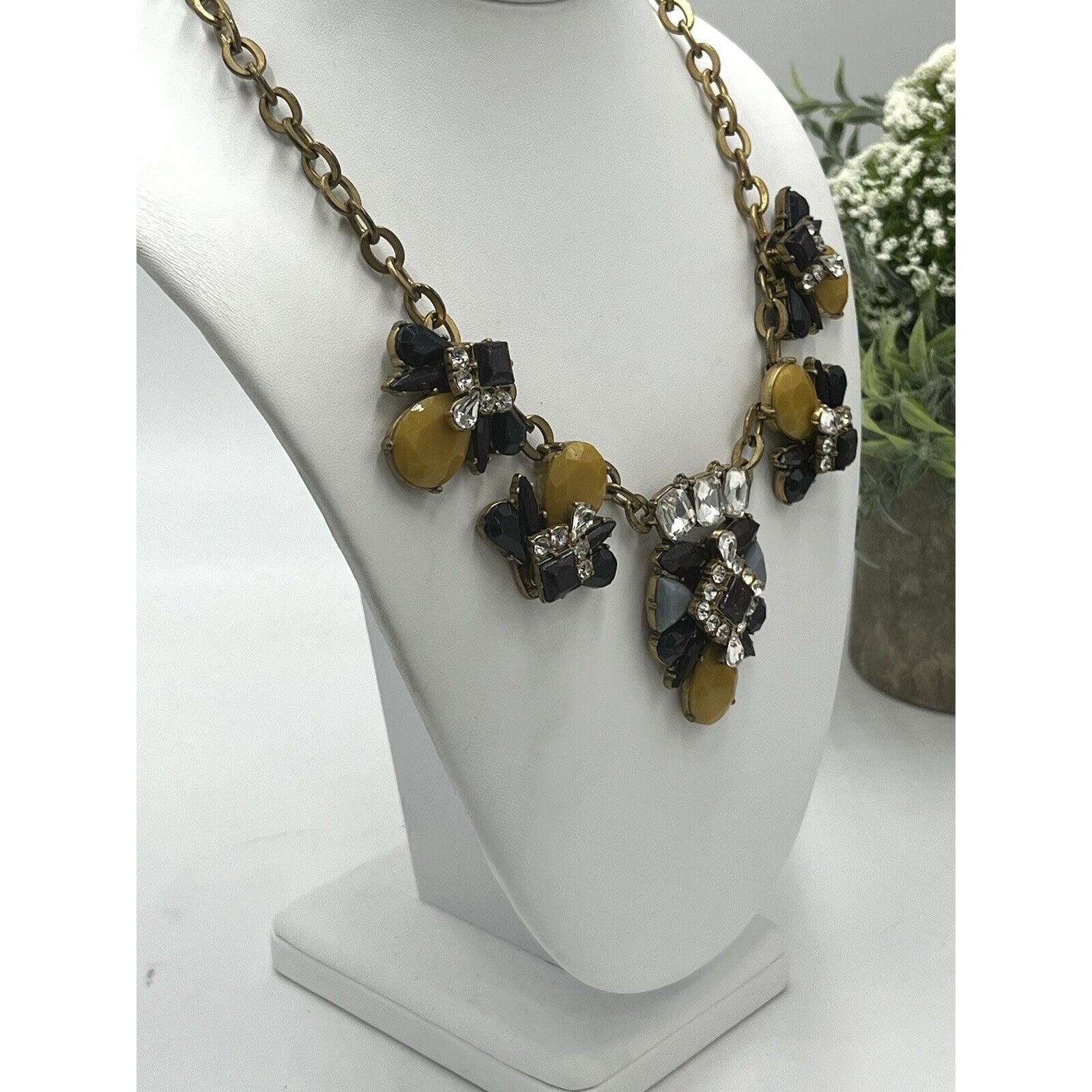 J. Crew Mustard Yellow Blue Eggplant Antique Gold Rhinestone Statement Necklace