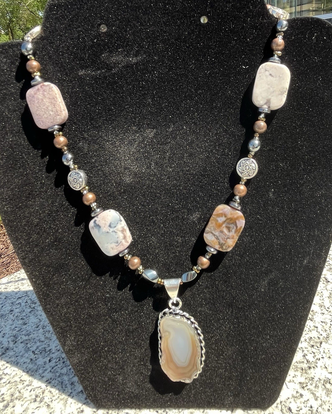 Agate Slice Pendant Necklace 925 Silver Crazy Lace, Copper, Hematite, 19″ NICE