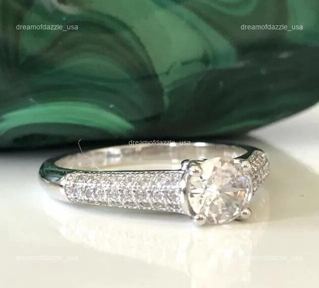 14K Solid White Gold Round Diamond Solitaire with Accents Dazzling Ring Jewelry
