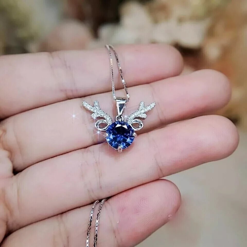 Round Simulated Blue Sapphire Stunning Women’s Pendant 14K White Gold Plated