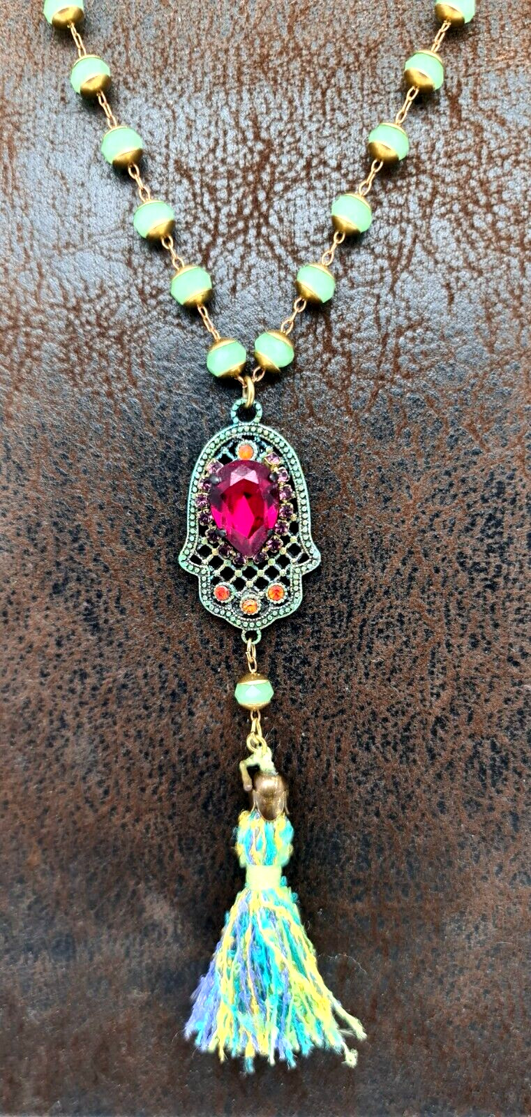 Beautiful Long Necklace With Hamsa Pendant With Crystals By Michal Negrin