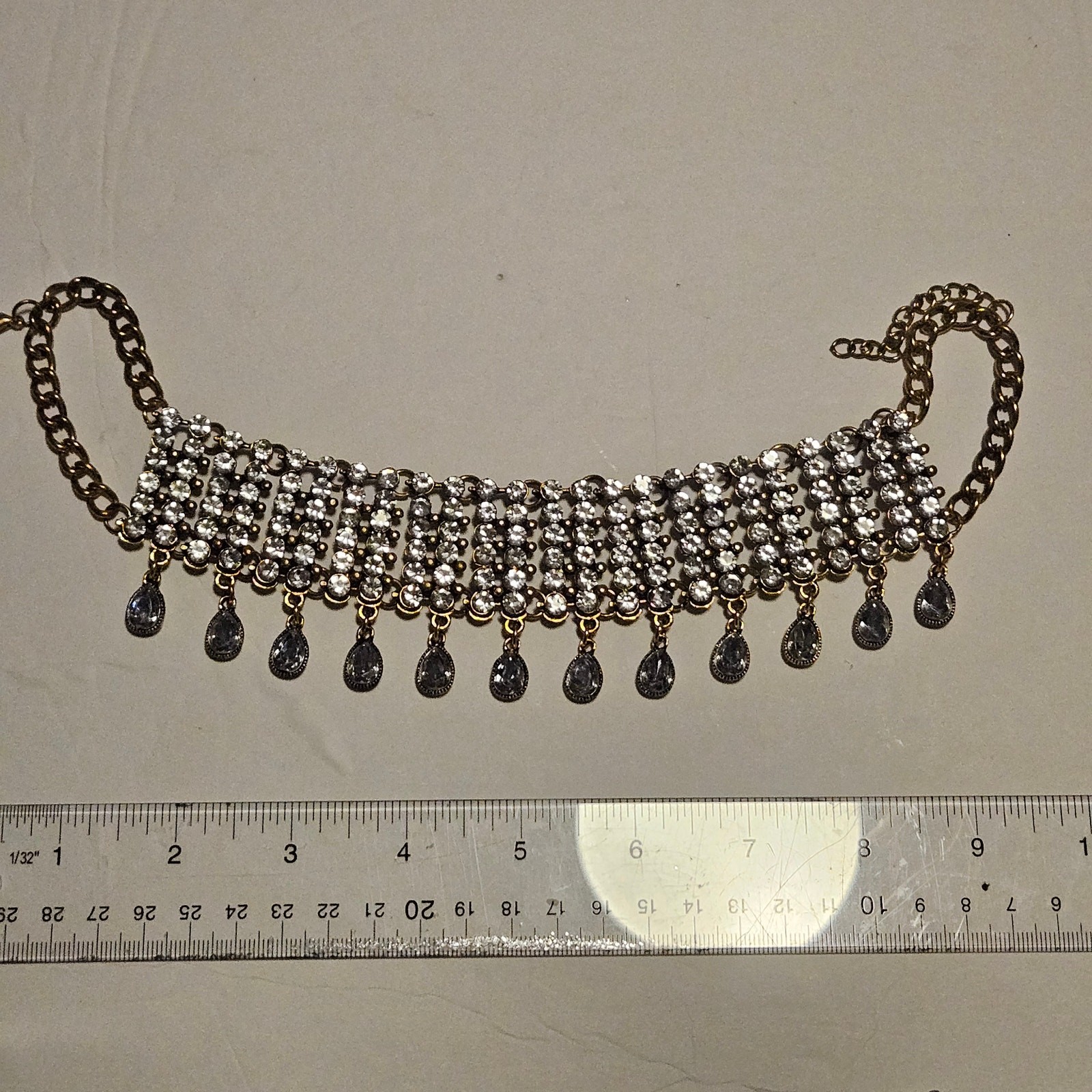 Rhinestone Mesh Choker Necklace Gold Drop Fringe Collar Curb Chain 13-17″