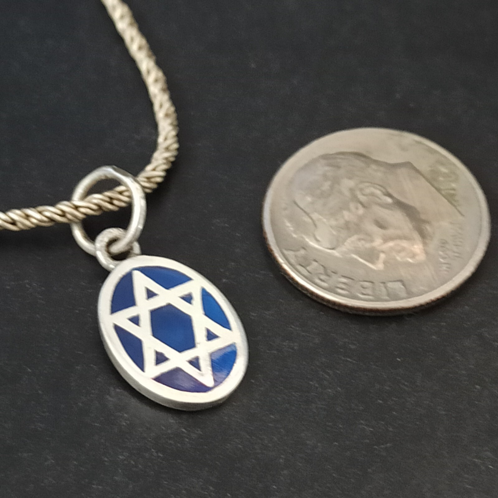 Star of David Necklace Silver Dark Blue Enamel Thick Chain Retro Classic Gift