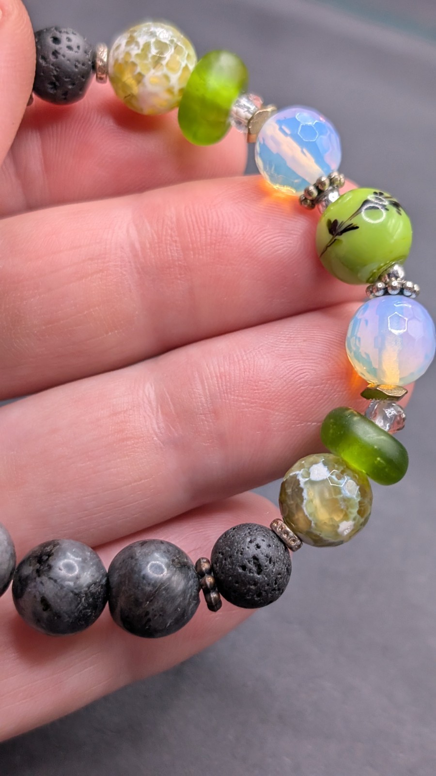 Green Natural Stone Tiberian Agate Beaded Stretch Bracelet (15cm) XS Wrist