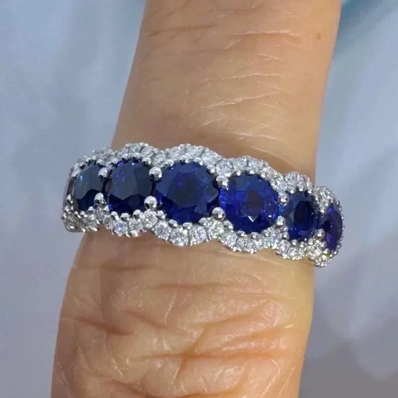 3.50 Ct Round Natural Sapphire Diamond Anniversary Ring 14K Solid White Gold 6