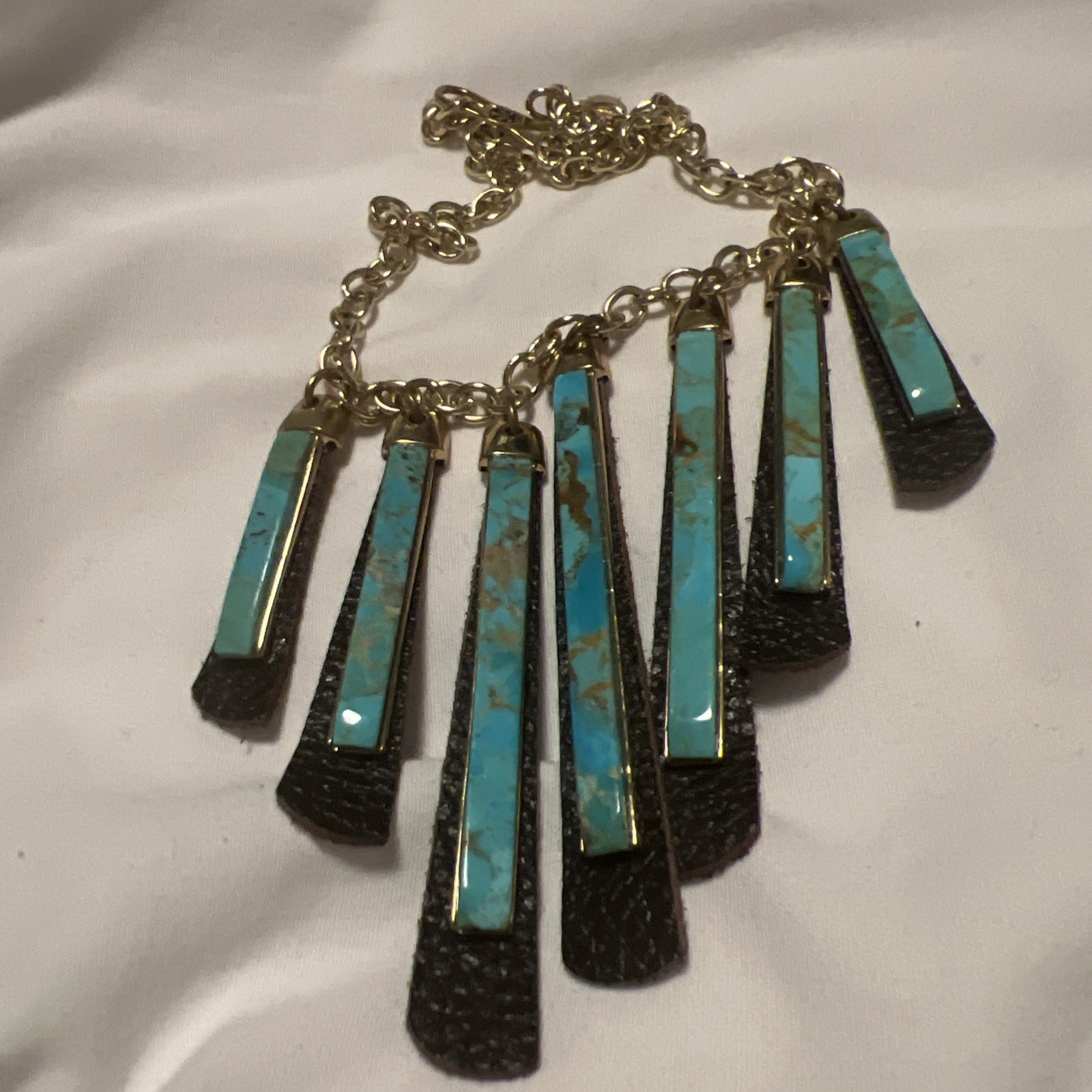 Barse Reversible Adjustable Brown Leather And Blue Turquoise Necklace Goldtone