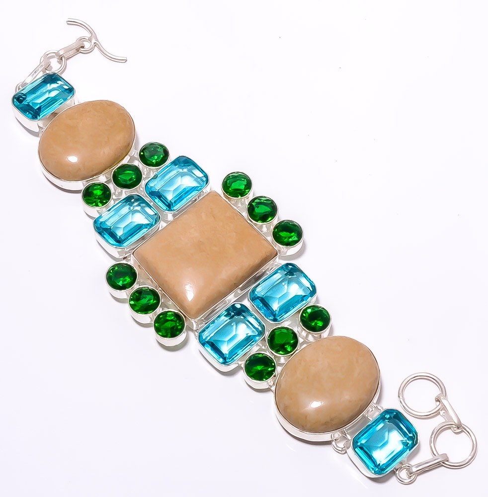 Natural Picture Jasper & Blue Topaz Gemstone 925 Silver Plated Bracelet 7-8″ T