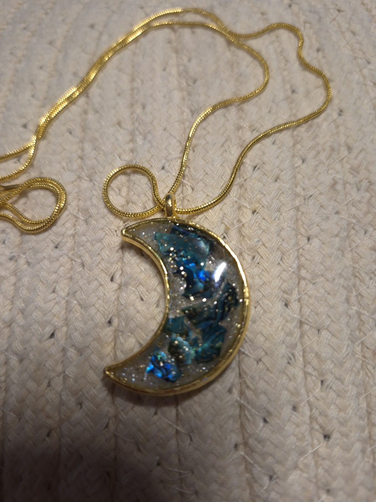 Abalone Blue, Green, Gold Color,Handmade Half Moon Resin Art. 20″ Snake Chain.