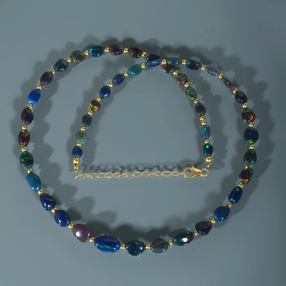 Natural Welo Fire Black Opal Tumble Beads Necklace 925 Silver Handcrafted Chain