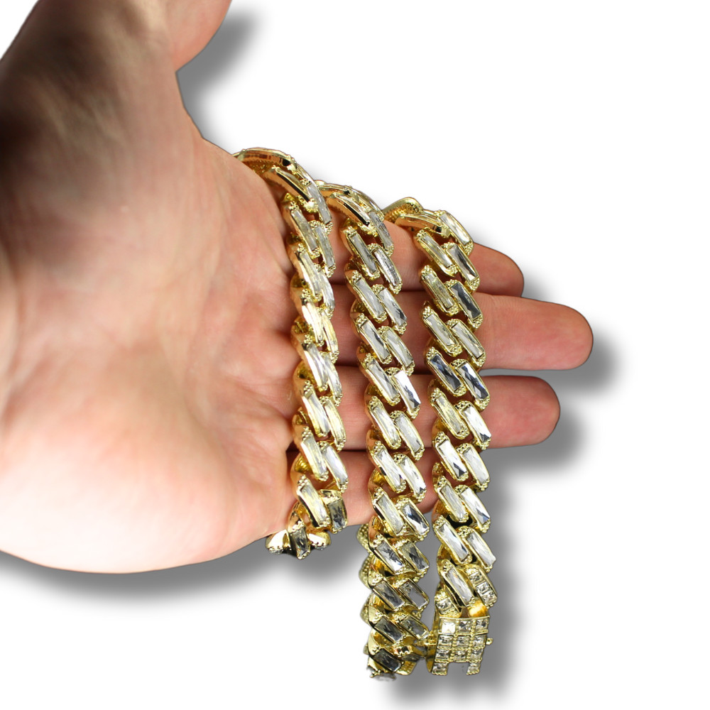 Mens 16mm Iced Baguette CZ Square Miami Cuban Link 14k Gold Plated Necklace