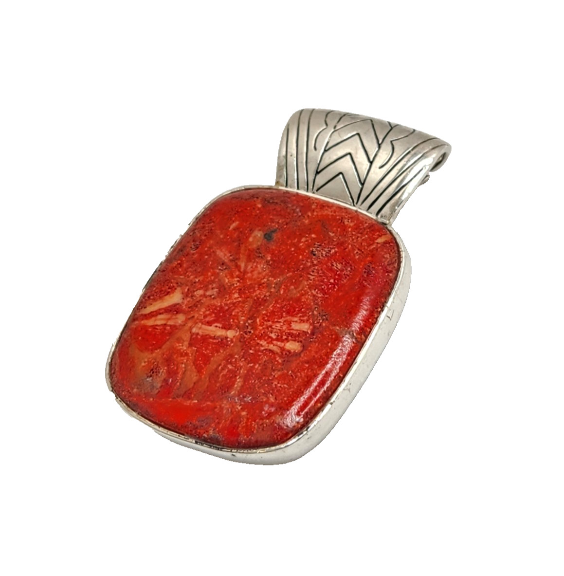 Sterling Silver BBJ Reconstituted Red Coral Large Rectangular Cabochon Pendant