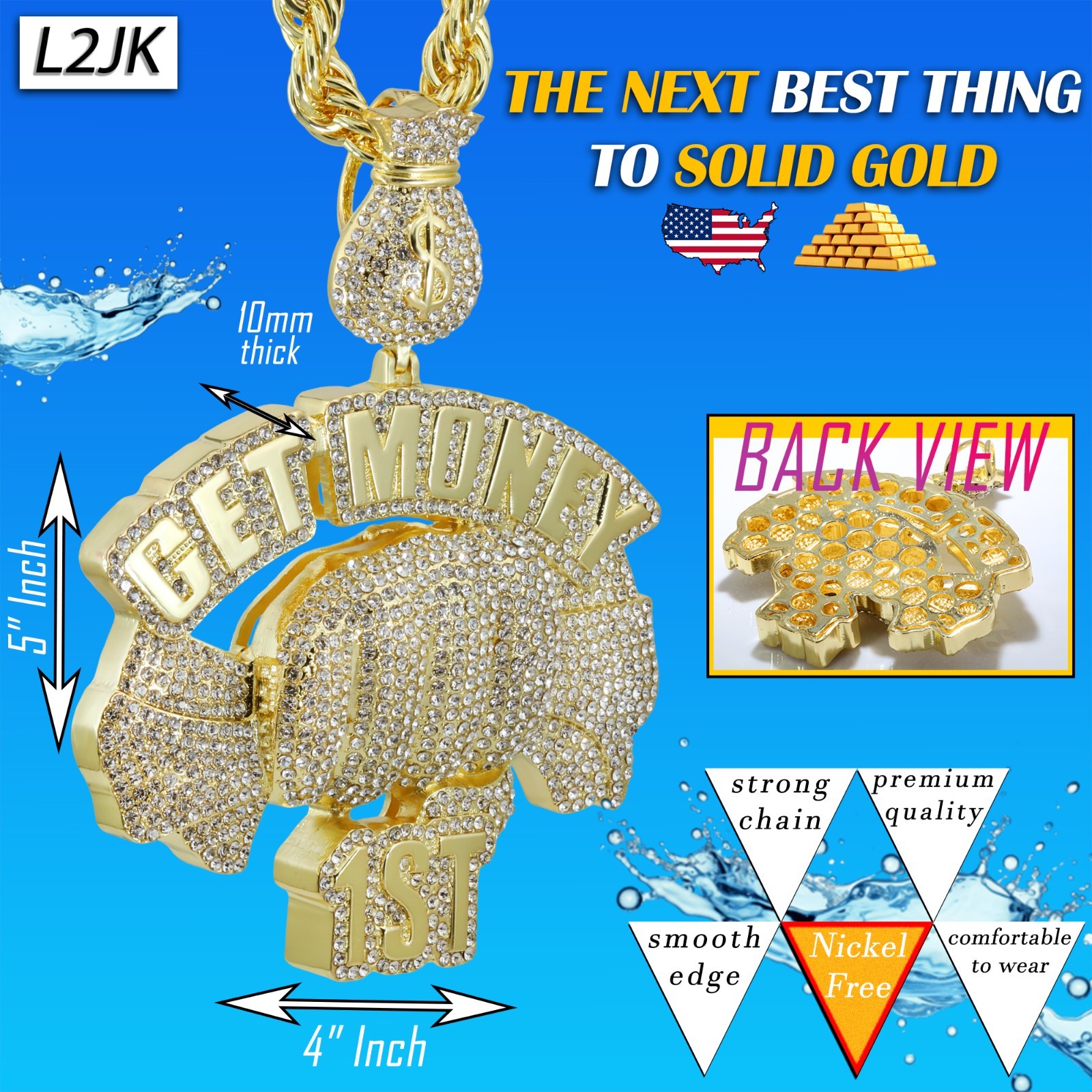14K Rope Chain 10mm 24″ & 30″ | Get Bag Money Sign Gold Plated Men XXL Hip Hop